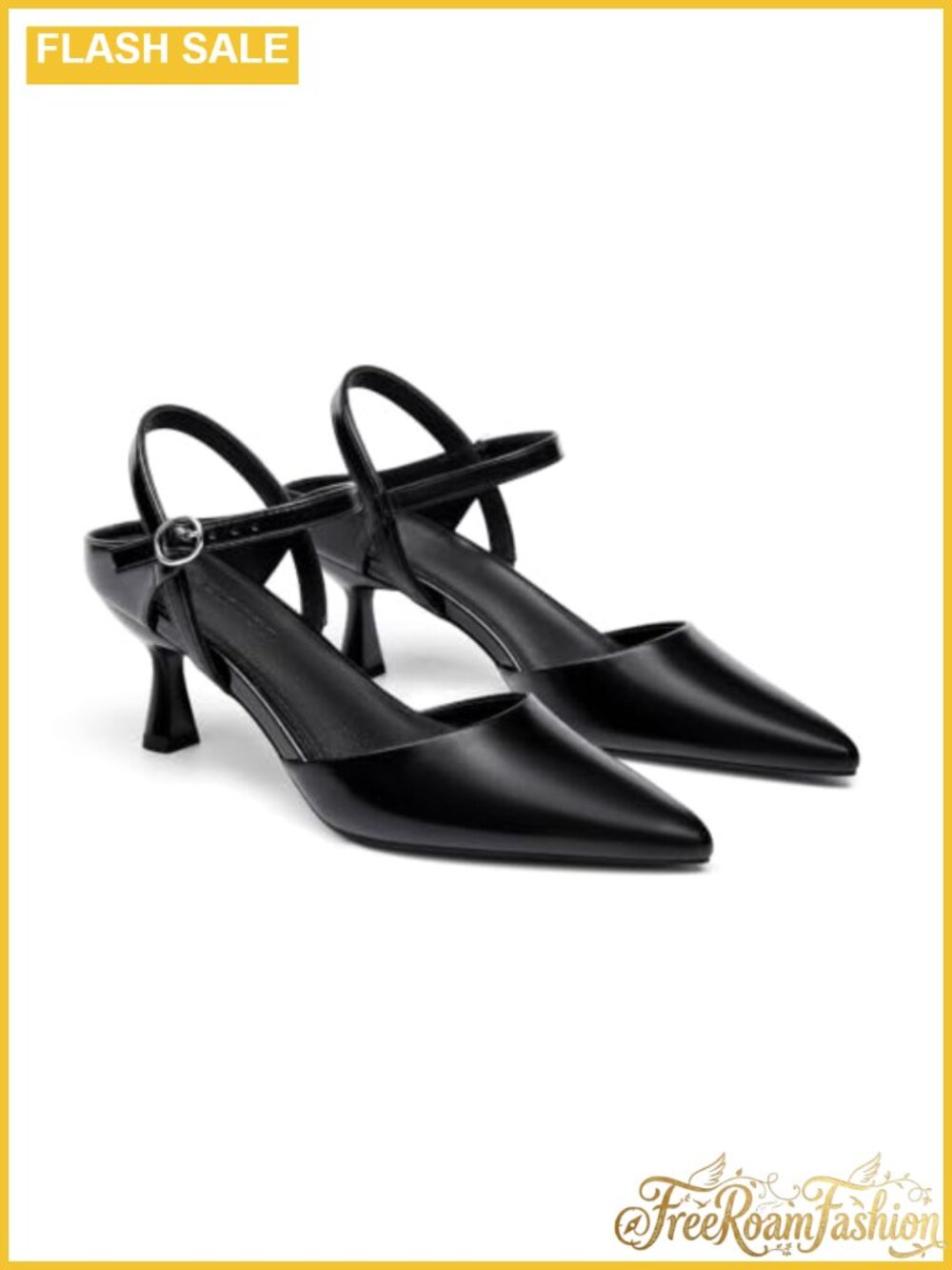 Faux Leather Kitten Heel Pointed Toe Pumps with Ankle Strap
